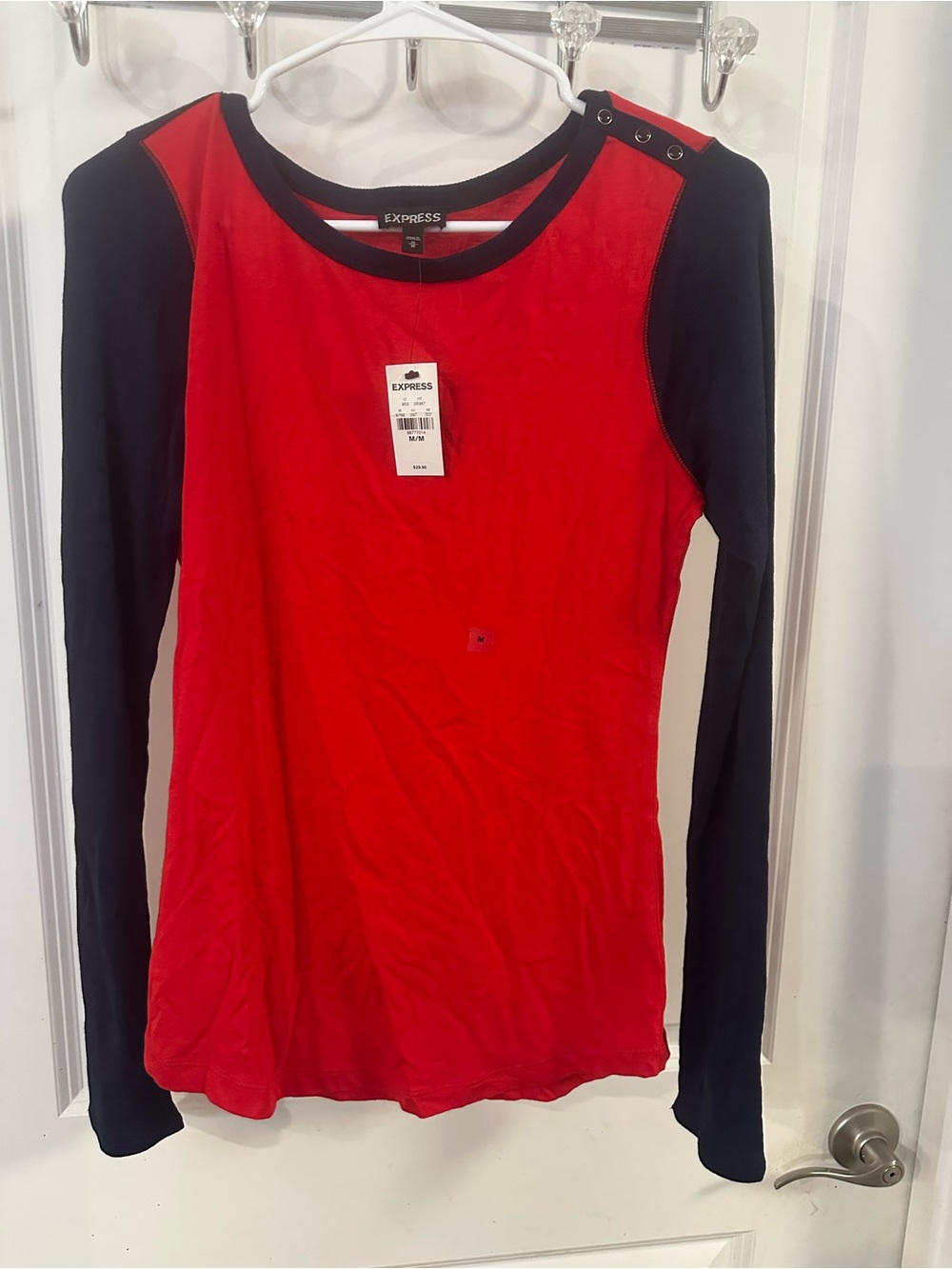 Express Red and Black Long Sleeve Crewneck Top with Shoulder Button Detail